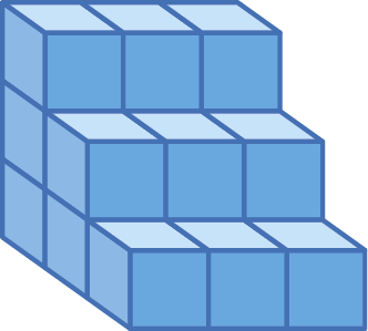Ilustração. Poliedro parecido com uma escada que pode ser decomposto em 3 camadas. Primeira camada: bloco retangular de 3 cubinhos por 3 cubinhos por 1 cubinho. Segunda camada: bloco retangular de 3 cubinhos por 2 cubinhos por 1 cubinho. Terceira camada: bloco retangular de 3 cubinhos por 1 cubinho por 1 cubinho.