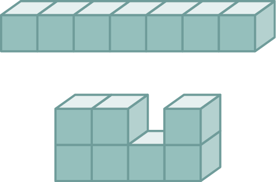 Ilustração. Bloco retangular de 7 cubinhos por 1 cubinho por 1 cubinho. Ilustração. Poliedro que pode ser decomposto em 2 partes. Primeira parte: bloco retangular de 2 cubinhos por 1 cubinho por 2 cubinhos. Segunda parte: 2 cubinhos alinhados na horizontal com um terceiro cubinho acima do cubinho à direita.