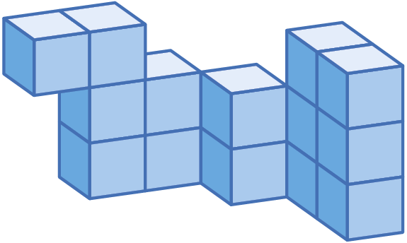 Ilustração. Poliedro que pode ser decomposto em 3 partes. Primeira parte: bloco retangular de 2 cubinhos por 1 cubinho por 3 cubinhos. Segunda parte: 2 blocos retangulares de 1 cubinho por 1 cubinho por 2 cubinhos. Terceira parte: poliedro parecido com a letra L de cabeça para baixo formado por um bloco retangular de 1 cubinho por 1 cubinho por 3 cubinhos e um cubinho ao lado do terceiro cubinho desse bloco retangular.