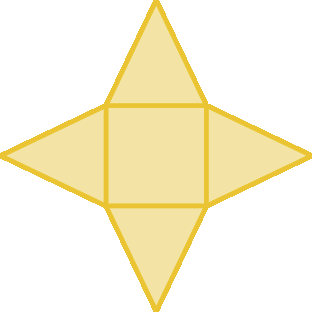 Ilustração: Planificação da superfície de um sólido.  Figura formada por um quadrado e 4 triângulos.