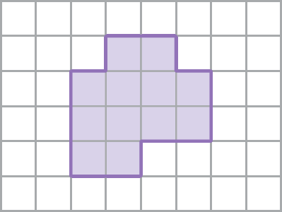Figura geométrica. Malha quadriculada composta por 48 quadradinhos, sendo 6 fileiras com 8 quadradinhos cada. Na malha está representada uma figura composta por 12 quadradinhos dispostos da seguinte forma: 2 fileiras horizontais com 4 quadradinhos cada. Acima dos 2 quadradinhos centrais da fileira de cima, há outros 2 quadradinhos. Abaixo dos 2 primeiros quadradinhos da segunda fileira, há outros 2 quadradinhos.