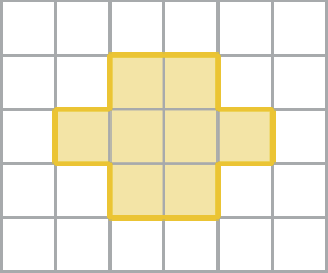 Figura geométrica. Malha quadriculada composta por 30 quadradinhos. Nela está representada uma figura composta por 8 quadradinhos.