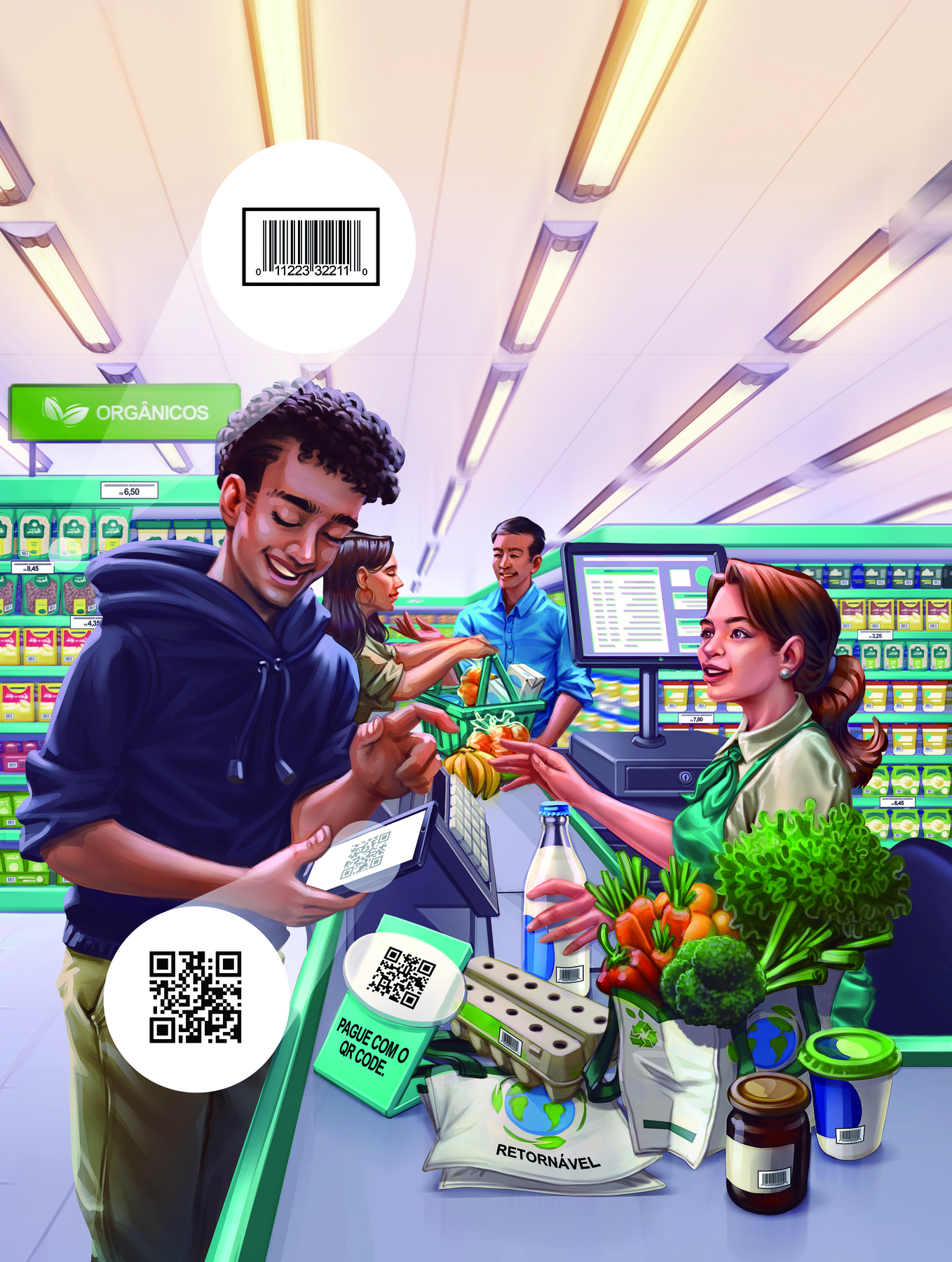 Ilustração. Caixa de um supermercado concluindo as compras de um adolescente. A caixa é branca e tem cabelos castanhos. Ela utiliza camiseta polo bege, lenço verde e avental verde. O adolescente é negro e utiliza blusa de frio azul escura e calça bege. Ele está escaneando um QR code com um celular. O QR code aparece com destaque na ilustração. No caixa estão algumas verduras, um cartela de ovos, um pote de requeijão e um recipiente com leite. Atrás do adolescente, na fila, está um casal amarelo. A mulher usa camiseta verde e o homem camiseta azul clara. Ao fundo, estão algumas prateleiras, dentre elas a de produtos orgânicos.