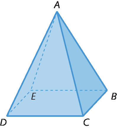 Figura geométrica. Pirâmide de base quadrada, O quadrado da base tem vértices nos pontos B, C, D e E. O ponto comum às arestas laterais é o ponto A.