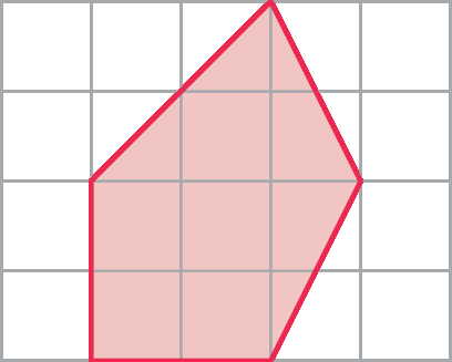 Figura geométrica. Malha composta por 20 quadradinhos., dispostos em 4 linhas com 5 quadradinhos cada. Na malha está representado um pentágono que tem um ângulo interno reto e dois ângulos internos obtusos.