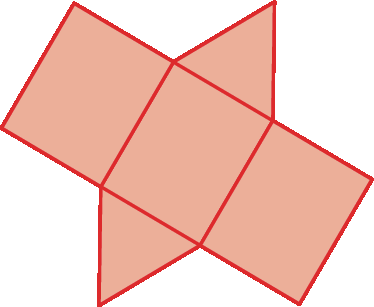 Figura geométrica. Planificação da superfície de um sólido composta por 3 retângulos idênticos posicionados lado a lados e 2 triângulo equiláteros também idênticos. Os 2 triângulos estão posicionados nos lados opostos do retângulo do meio.