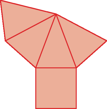 Figura geométrica. Planificação da superfície de um sólido composta por 4 triângulo isósceles idênticos e um quadrado com um lado coincidindo com a base de um dos triângulos.