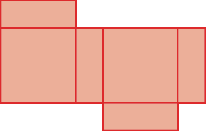 Figura geométrica. Planificação da superfície de um sólido composta por  4 retângulos idênticos e 2 quadrados. Da esquerda para a direita: Quadrado, acima um retângulo na horizontal e à direita um retângulo na vertical, à direita, quadrado, abaixo, retângulo na horizontal e à direita, retângulo na vertical.