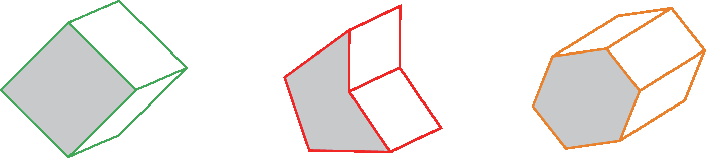 Ilustração. Carimbo que tem o formato de um cubo. A superfície frontal do carimbo está destacada na cor cinza. Ilustração. Carimbo que tem o formato de um poliedro irregular. A parte cinza destacada no carimbo se parece com um polígono de  5 lados. Ilustração. Carimbo que tem o formato de um prisma de base hexagonal. A parte hexagonal do carimbo está destacada de cinza.