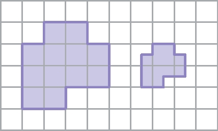 Ilustração. Malha quadriculada composta por 6 linhas e 10 colunas, à esquerda, figura geométrica composta 12 unidades de área com 9 lados e 10 vértices À direita figura geométrica composta por 3 unidades de área com 9 lados e 10 vértices, com formato idêntico à figura da esquerda.