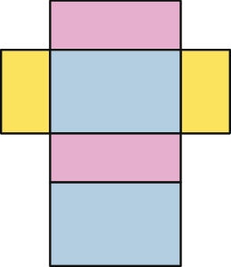 Figura geométrica. Planificação da superfície de um sólido. Figura formada por 2 retângulos rosa, 2 retângulos amarelos e 2 retângulos azuis.