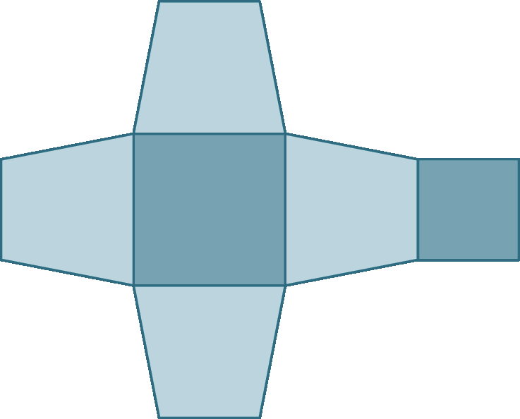 Ilustração. Caixa desmontada, de modo que que se perceba a presença de 2 superfícies quadradas de medidas diferentes e 4 superfícies idênticas no formato de trapézio. As superfícies quadradas estão na cor azul-escuro e as superfícies no formato de trapézio estão na cor azul-claro.