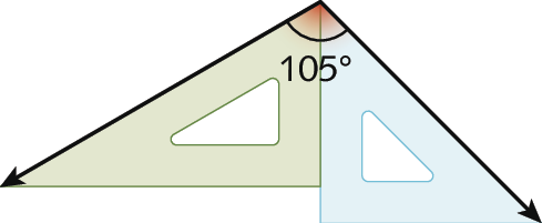 Ilustração. Dois esquadros lado a lado, alinhados pelo vértice do maior lado formando um ângulo de 105 graus.