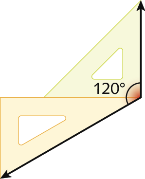 Ilustração. Dois esquadros unidos na horizontal, o esquadro verde está apoiado sobre o esquadro amarelo, o vértice do maior ângulo do esquadro verde está alinhado ao vértice do menor ângulo do esquadro amarelo formando um ângulo de 120 graus.