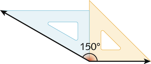 Ilustração. Dois esquadros unidos na vertical, à esquerda o esquadro azul, à direita o esquadro amarelo, o vértice do ângulo de 90 graus do esquadro amarelo está alinhado ao vértice do ângulo de 60 graus do esquadro azul, formando o ângulo de 150 graus.