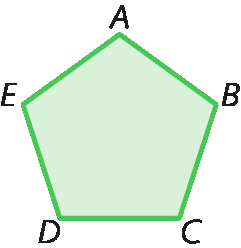 Figura geométrica. Hexágono verde, nos vértices estão as marcações A, B, C, D, E.