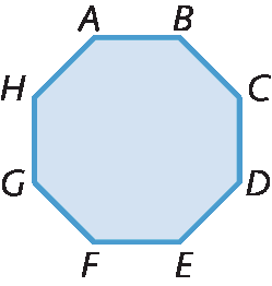 Figura geométrica. Octógono azul, nos vértices estão as marcações A, B, C, D, E, F, G, H.