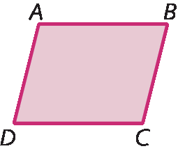 Figura geométrica. Paralelogramo na cor vinho. Nos vértices estão as marcações A, B, C, D. Os lados AB e CD são paralelos e os lados AD e BC são paralelos.