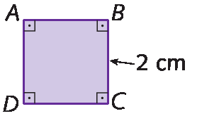 Esquema. Quadrado roxo. Os ângulos de 90 graus estão marcados, os vértices estão nomeados com as letras A, B, C, D. Seta para a esquerda indicando 2 centímetros.