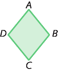 Figura geométrica. Losango verde, nos vértices há as indicações A, B, C, D.