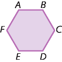 Figura geométrica. Hexágono roxo, nos vértices estão as indicações A, B, C, D, E, F.