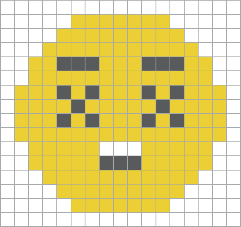 Esquema. Figura que se parece com um emoji amarelo representada em uma malha quadriculada. O emoji lembra a figura de um círculo e possui boca, olhos e sobrancelhas pretas. A malha é composta por quadradinhos dispostos entre 16 linhas e 17 colunas de quadradinhos.