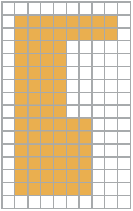 Ilustração. Malha quadriculada, de 16 linhas com 10 quadradinhos cada com a representação de uma figura laranja. De cima para baixo, na segunda e na terceira linha, da esquerda para a direita, a partir do segundo, há 8 quadradinhos laranja. Da quarta até a nona linha, da esquerda para a direita, a partir do segundo, há quatro quadradinhos laranja em cada. Da décima até a décima quinta linha, da esquerda para a direita, a partir do segundo quadradinho, há 6 quadradinhos laranja.