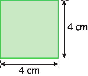 Ilustração. Quadrado verde. Cota horizontal indicando 4 centímetros. Cota vertical indicando 4 centímetros.