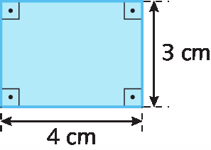 Ilustração. Retângulo azul com os 4 ângulos marcados. Cota horizontal indicando 4 centímetros. Cota vertical indicando 3 centímetros.