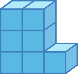 Esquema. Cubos azuis empilhados em 3 colunas, da esquerda para a direita há duas colunas com 3 cubos e 1 coluna de 1 cubo.