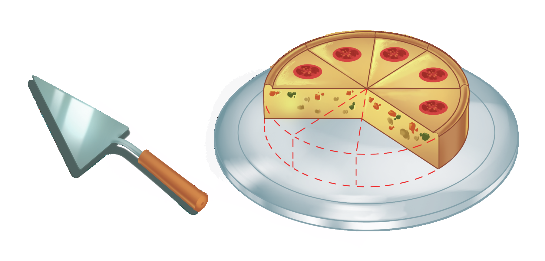 Ilustração: 5 pedaços iguais de uma torta circular que inicialmente foi dividida em 8 pedaços iguais. O contorno dos 3 pedaços que foram consumidos aparece pontilhado. À esquerda aparece uma espátula.
