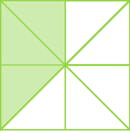 Figura geométrica: Quadrado dividido em 8 partes triangulares iguais, 3 delas estão pintadas de verde e 5 são brancas.