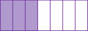Figura geométrica. Retângulo dividido em 7 partes iguais. Da esquerda para a direita, as 3 primeiras partes são roxas e as demais são brancas.