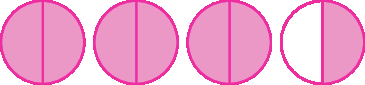 Figuras geométricas. Da esquerda para a direita, a primeira figura é um círculo dividido em 2 partes iguais e rosas. A segunda figura também é um círculo dividido em 2 partes iguais e rosas. A terceira figura também é um círculo dividido em 2 partes iguais e rosas. A quarta figura também é um círculo dividido em 2 partes iguais. Uma das partes está pintada de rosa e a outra de branco.