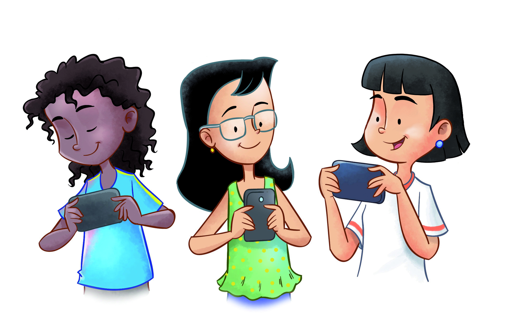 Ilustração de três meninas, uma negra e duas brancas. Cada uma com um celular nas mãos.