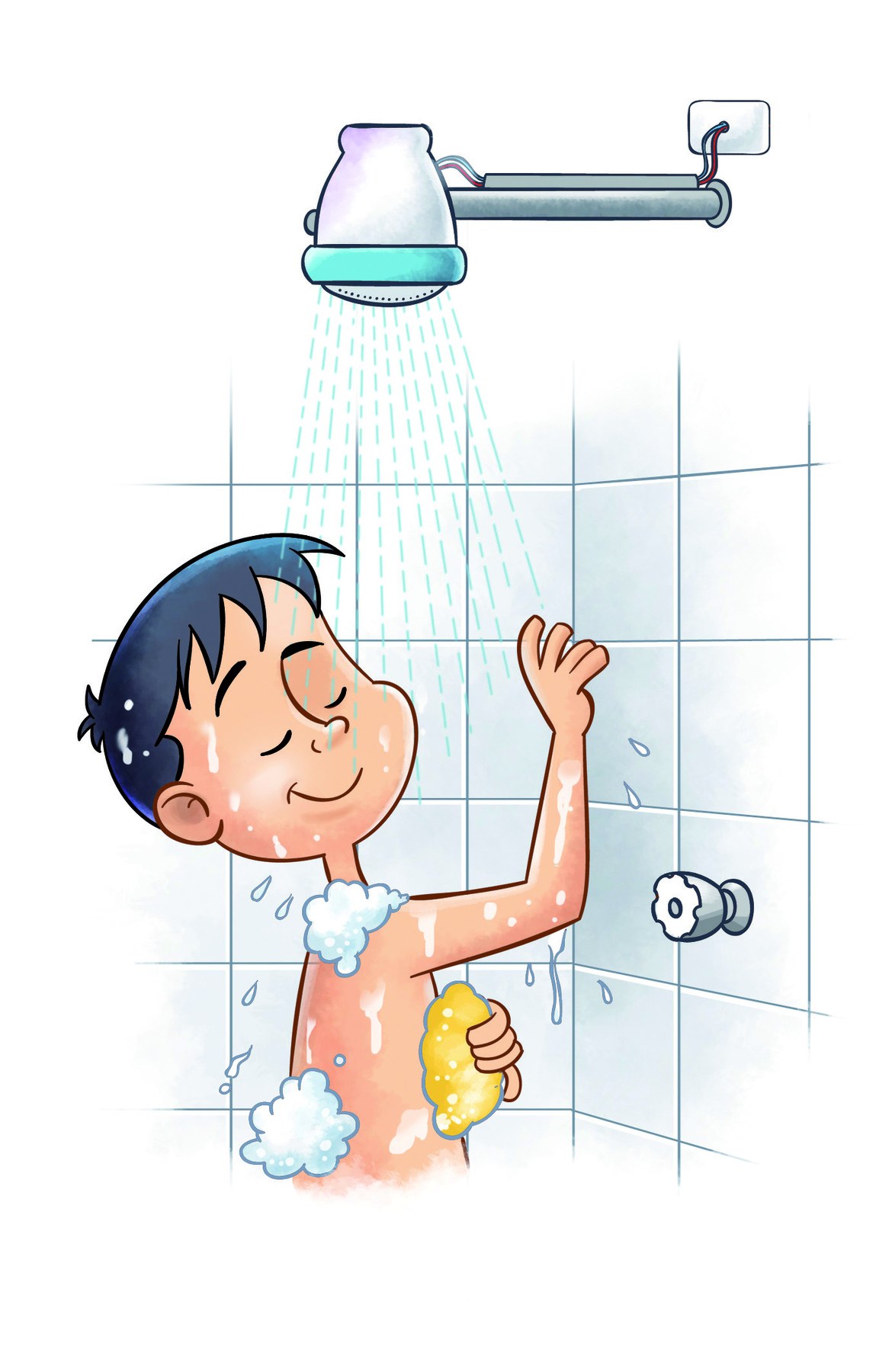 Ilustração: Menino branco de cabelo preto está em um banheiro debaixo do chuveiro se ensaboando. Ele passa a bucha pelo corpo, que tem marcas de espuma.