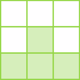 Figura geométrica: Quadrado dividido em nove partes iguais. Há quatro partes verdes e quatro brancas.