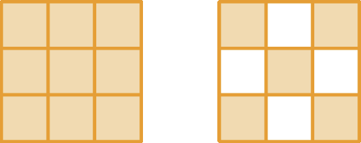 Figura geométrica: Da esquerda para a direita, a primeira figura é um quadrado alaranjado dividido em 9 partes iguais. A segunda figura também é um quadrado dividido em 9 partes iguais, sendo 5 partes alaranjadas e 4 brancas.