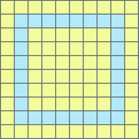 Esquema. Quadrado dividido em 10 linhas e 10 colunas formando 100 quadradinhos, 72 quadradinhos são amarelos e 28 quadradinhos são azuis. Os quadradinhos azuis formam um quadrado com lados formados por 8 quadradinhos. Cota, cada lajota representa 1 sobre 100 do piso inteiro.