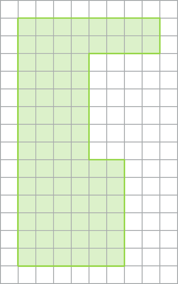 Ilustração. Malha quadriculada, de 16 linhas com 10 quadradinhos cada com a representação de uma figura verde. De cima para baixo, na segunda e na terceira linha, da esquerda para a direita, a partir do segundo, há 8 quadradinhos verdes. Da quarta até a nona linha, da esquerda para a direita, a partir do segundo, há quatro quadradinhos verdes em cada. Da décima até a décima quinta linha, da esquerda para a direita, a partir do segundo quadradinho, há 6 quadradinhos verdes.