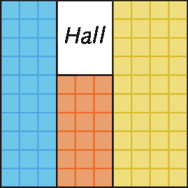 Ilustração. Malha quadriculada de 10 quadradinhos por 10 quadradinhos com a planta baixa de um galpão. Depósito azul: retângulo de 3 quadradinhos por 10 quadradinhos. Depósito laranja: retângulo de 3 quadradinhos por 6 quadradinhos. Róu: retângulo acima do depósito laranja, à direita do depósito azul e à esquerda do depósito amarelo. Depósito amarelo: retângulo de 4 quadradinhos por 10 quadradinhos.