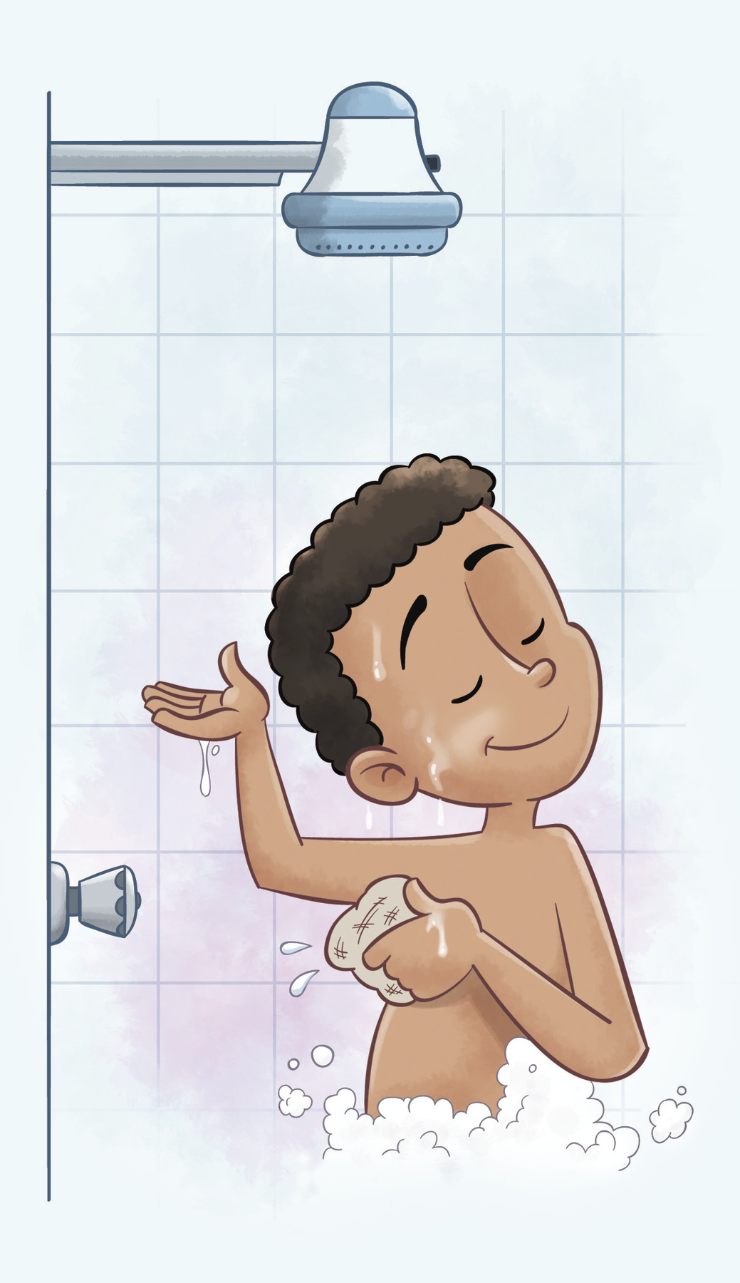 Ilustração. Menino negro de cabelo castanho enrolado está se ensaboando embaixo do chuveiro fechado.