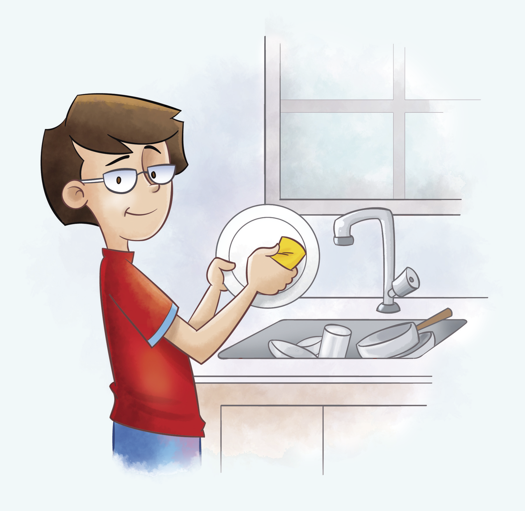 Ilustração. Menino branco de cabelo castanho liso, óculos e camiseta vermelha está ensaboando um prato. A torneira está fechada.