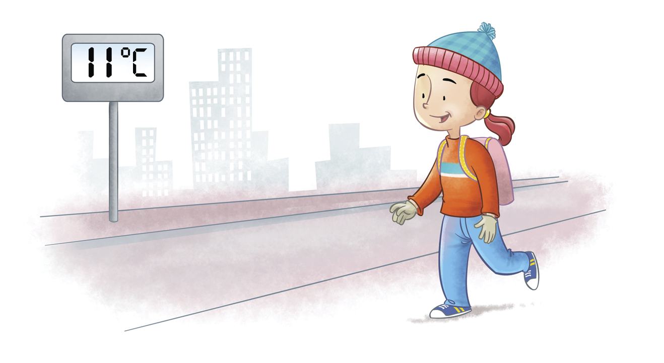 Ilustração. Menina de touca, casaco e calça está ao lado de um relógio marcando 11 graus Celsius.