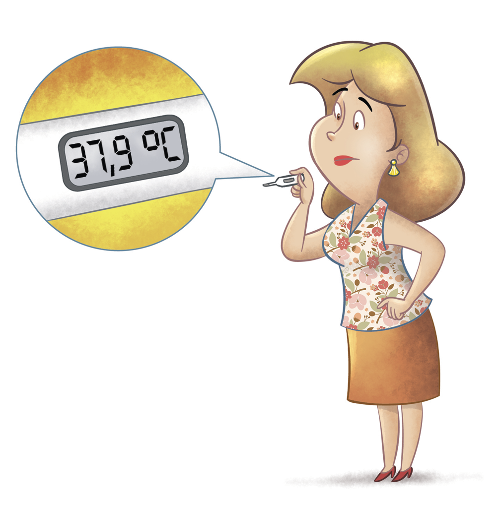 Ilustração. Mulher loira de camiseta florida e saia. Ela olha um termômetro marcando 37,9 graus Celsius.
