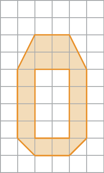 Ilustração. Malha quadriculada com figura composta de 14 quadradinhos, 2 triângulos maiores e 2 triângulos menores. Cada triângulo maior tem metade da área de um retângulo formado por 2 quadradinhos. Cada triângulo menor tem metade da área de 1 quadradinho.