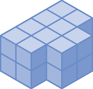 Ilustração. Poliedro que pode ser decomposto em 3 partes. Primeira parte: bloco retangular de 3 cubinhos por 2 cubinhos por 3 cubinhos. Segunda parte: bloco retangular de 3 cubinhos por 2 cubinhos por 2 cubinhos. Terceira parte: bloco retangular de 1 cubinho por 1 cubinho por 2 cubinhos.