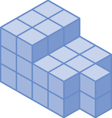 Ilustração. Poliedro que pode ser decomposto em 2 partes. Primeira parte: bloco retangular de 4 cubinhos por 2 cubinhos por 2 cubinhos. Segunda parte: bloco retangular de 2 cubinhos por 1 cubinho por 2 cubinhos.