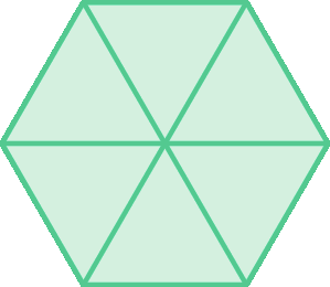 Figura geométrica. Hexágono verde dividido em 6 triângulos equiláteros.