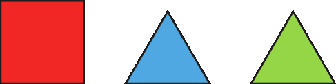 Ilustração. Três figuras lado a lado. Da esquerda para direita: figura vermelha com formato de um quadrado, figura azul com formato de um triângulo equilátero e figura verde com formato de um triângulo equilátero.